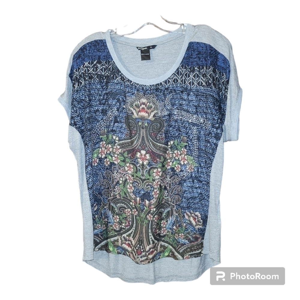 Desigual grey blue graphic short sleeve tshirt rhinestone embellished *